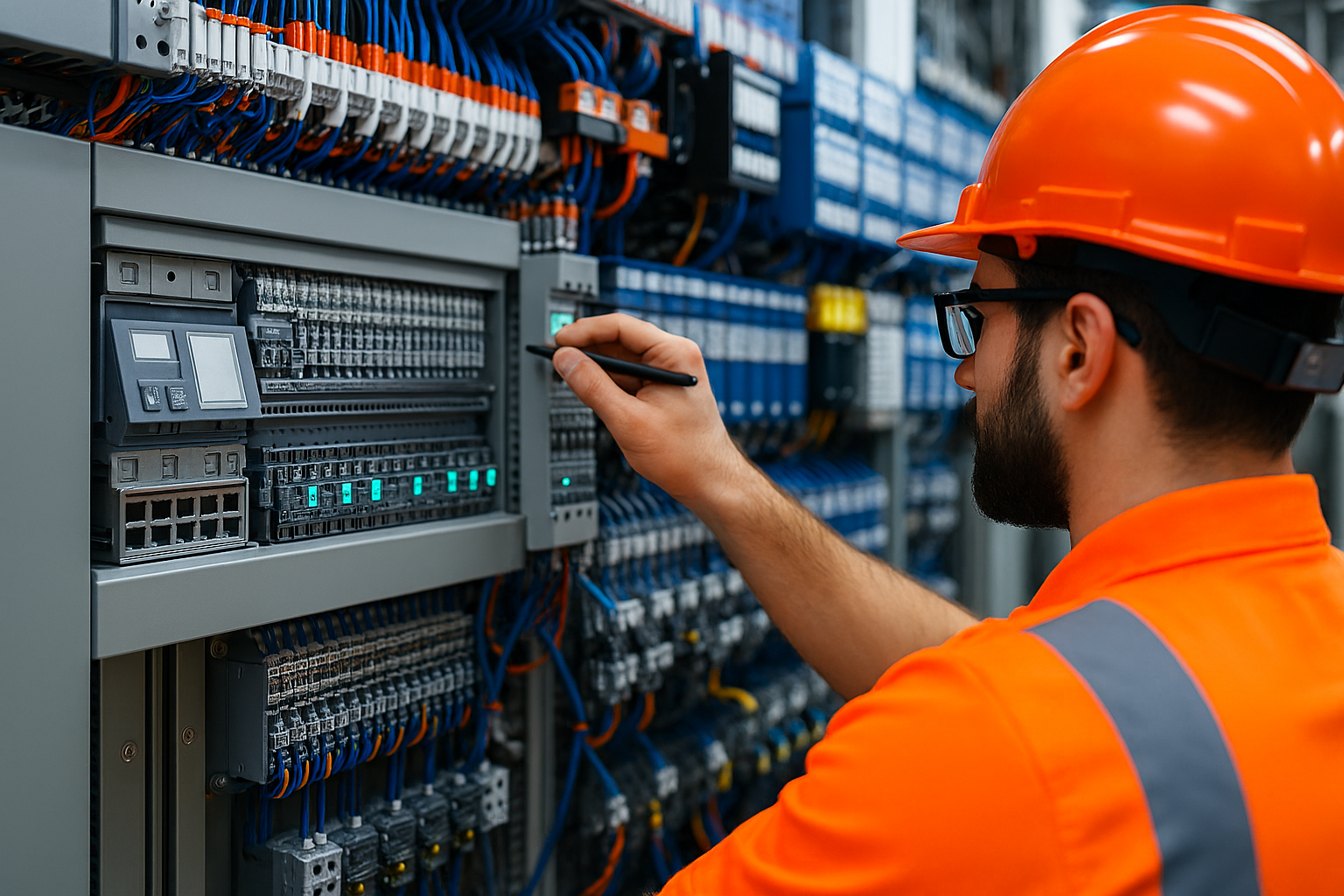 Engineer working on industrial PLC control panel