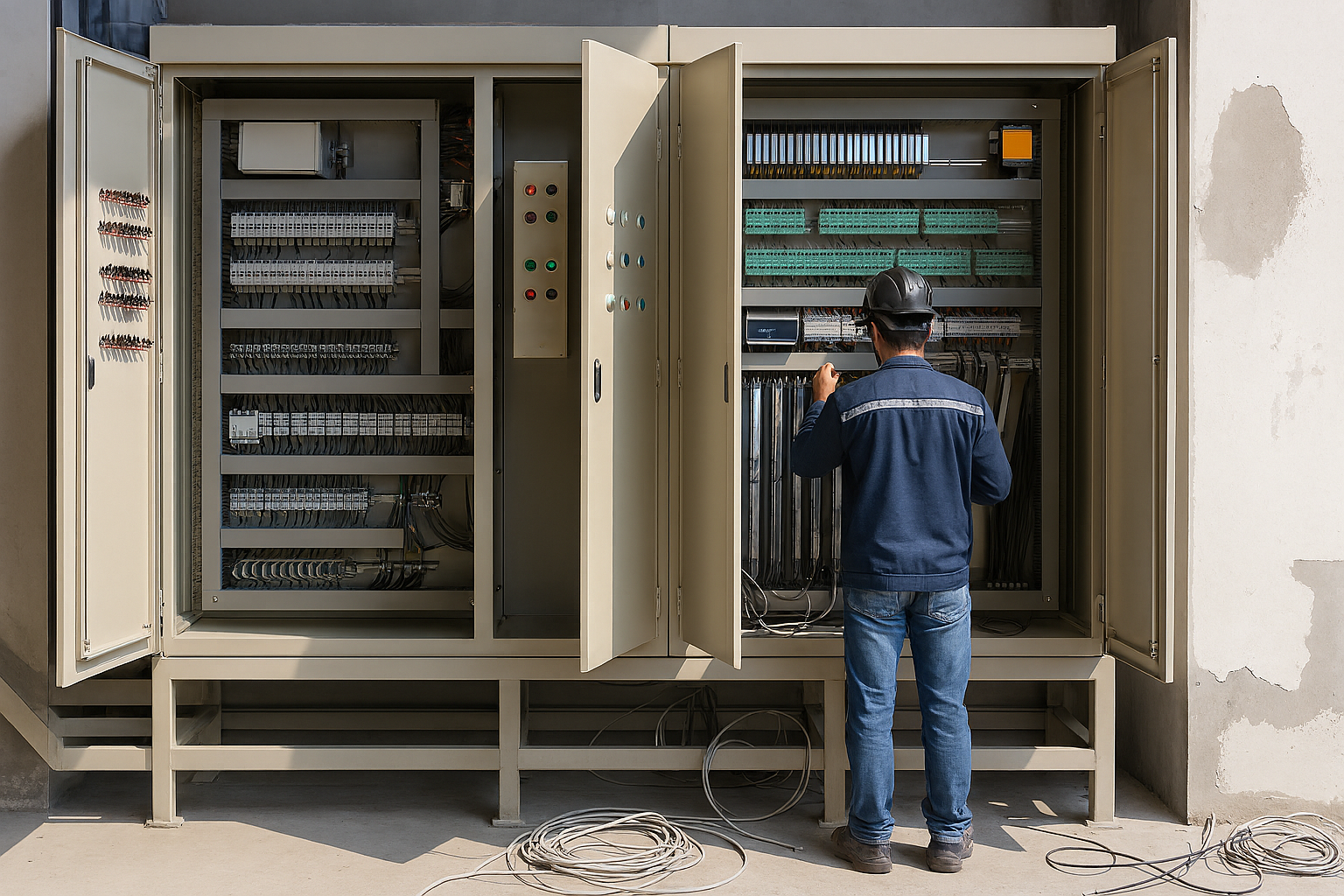 Engineer working on industrial PLC control panel